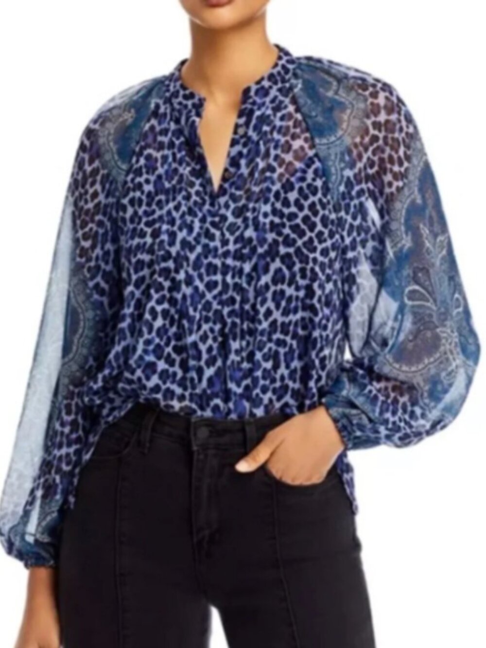 KOBI HALPERIN Carla Animal-Print Blouson-Sleeve Blouse Blue L